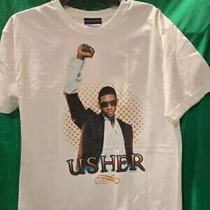 Vintage Signature Network Mens Crew Neck Usher Graphic T-Shirt Size ? White